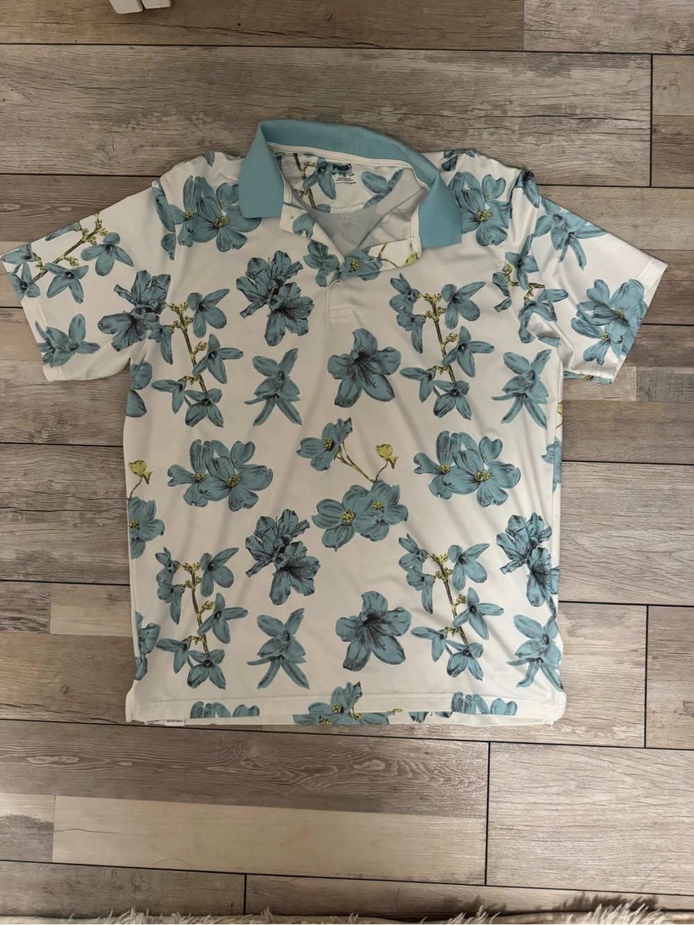 Puma White Golf Polo with Light Blue Floral Print